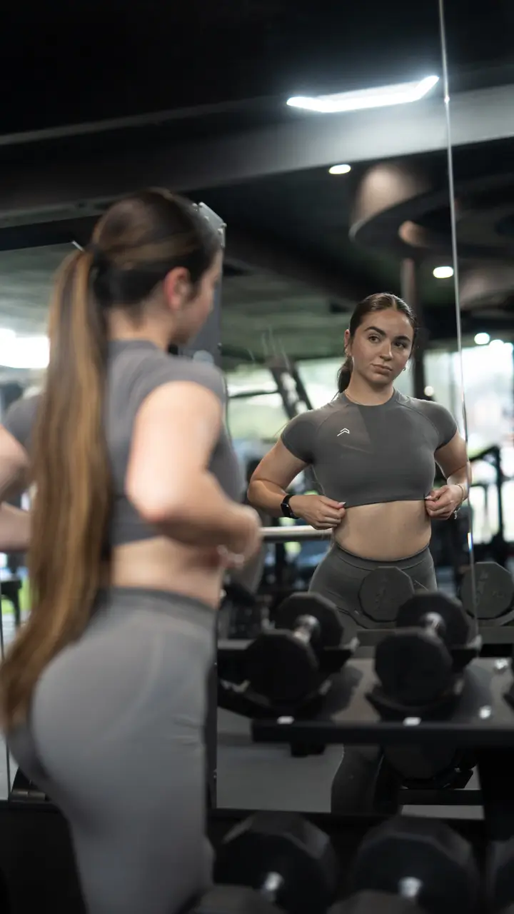 Image of a young fitness woman looking in the mirror